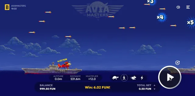 Aviamasters plane landed on the carrier with multiplier x12.0 and the message Win 6.02 FUN