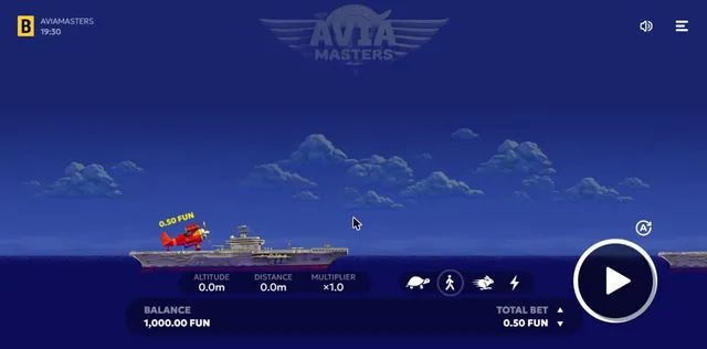 Aviamasters before take-off: red plane on an aircraft carrier, altitude, distance and multiplier x1.0, four speed buttons and a play button