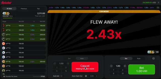 Aviator bet panel showing a red Cancel button with the text Waiting for next round, Auto Cash Out set to 2.00