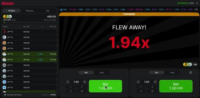 Aviator screen reading Flew away 1.94x after our cash-out at 1.65x