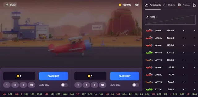 Aviatrix demo before a flight: a red biplane on a desert airfield, balance 1000.00 and two bet panels with Place bet buttons