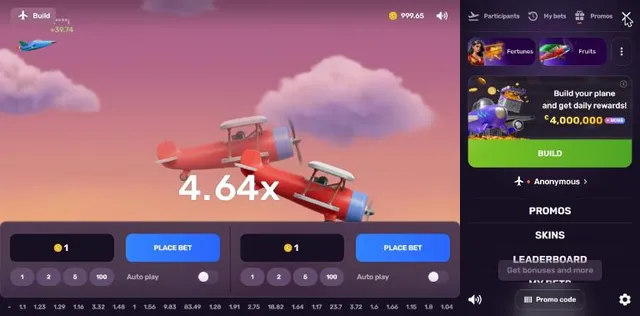 Aviatrix menu with Build your plane banner and Promos, Skins, Leaderboard, My bets and How to play items