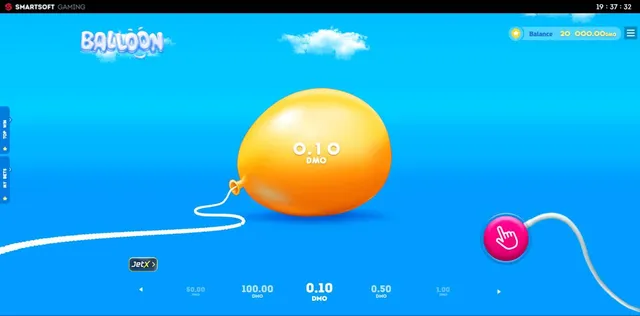 Balloon demo: orange balloon showing 0.10 DMO, pink pump button and a bet carousel from 50.00 to 1.00