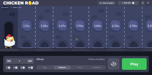 Chicken Road demo on Medium difficulty: chicken at the start, lanes with multipliers 1.12x to 3.3x and the bet panel