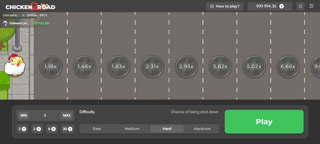 Chicken Road 2.0 on Hard: manholes with multipliers 1.18x to 9x across a grey road