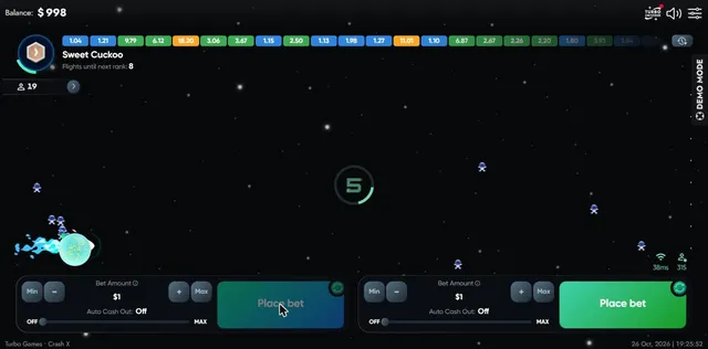 Crash X countdown ring showing 5 seconds before launch, history strip in blue, green and orange