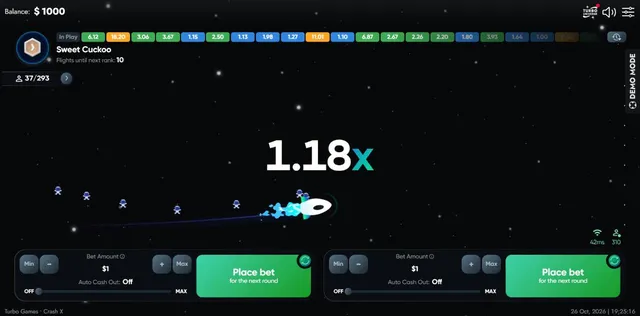 Crash X demo: white rocket flying through space at 1.18x with astronauts jumping out and two Place bet panels