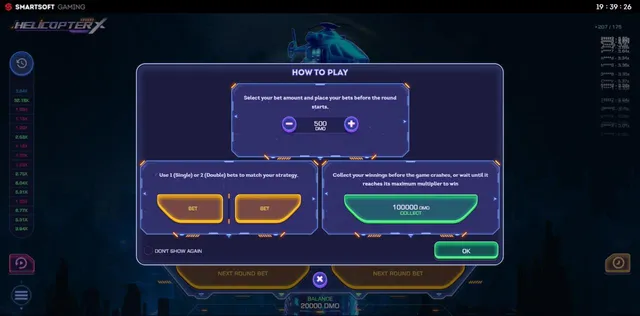 Helicopter X How to play window: select bet, use single or double bets, collect before the game crashes