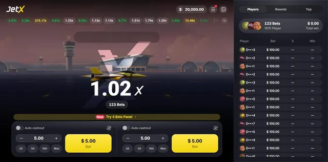 JetX demo between rounds: yellow jet on the runway at 1.02x, history of multipliers along the top and two bet panels with Auto cashout switches