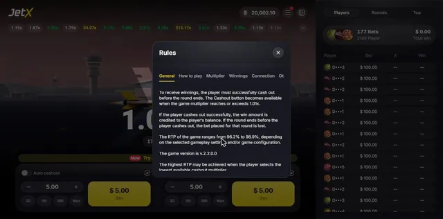 JetX rules window explaining the RTP range of 96.2% to 98.9% and the game version 2.2.0.0