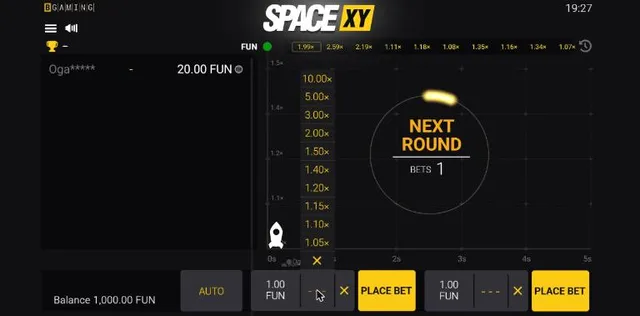 Space XY auto cash-out dropdown listing 1.05x to 10.00x