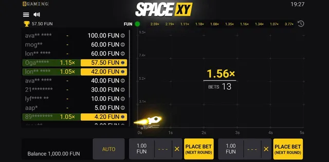 Space XY demo: rocket on an X/Y chart at 1.56x, leader list on the left and two Place bet next round panels