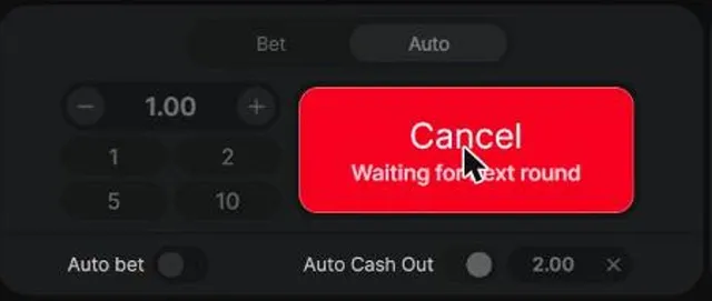 Close-up of the Aviator Auto tab: Auto bet switch, Auto Cash Out switch and the 2.00 value
