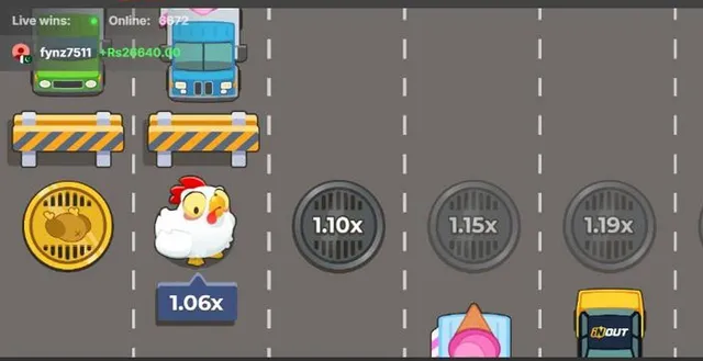 Close-up of Chicken Road 2.0: the chicken behind two barriers at 1.06x with trucks in the next lanes