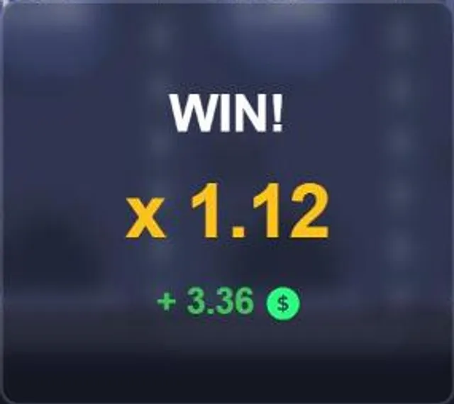 Close-up of the Chicken Road win window: x1.12, plus 3.36 dollars