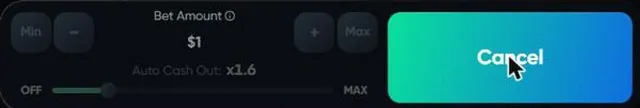 Close-up of the Crash X bet panel with the Auto Cash Out slider at x1.6 and the Cancel button