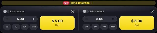 Close-up of the two JetX bet panels with Auto cashout switches and 20, 50, 100 and Max presets