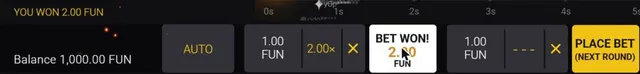 Close-up of the Space XY panel: You won 2.00 FUN, auto cash-out 2.00x and Bet won button